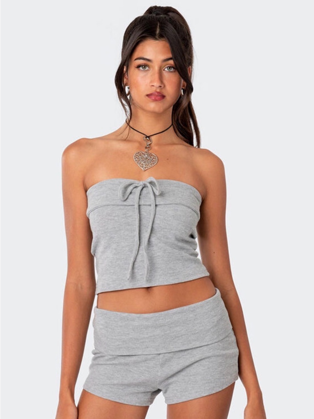 Edikted Gray Strapless Tie-Front Tube Crop Top